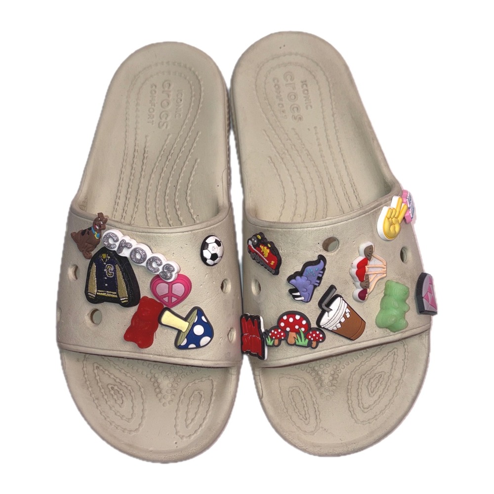Crocs Classic Slide Kidcore Beige Rubber Charms Women 7